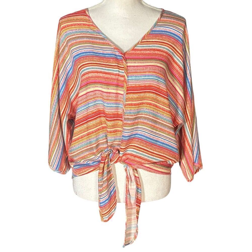 Ali Miles Top Size Small Orange Stripes Knot Front Artsy 3/4 Sleeves Art to Wear - Picture 2 of 10